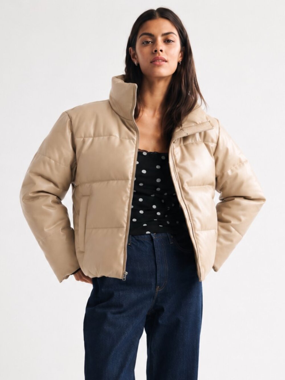 Abercrombie & Fitch Vegan Leather Short Puffer Tan XL
